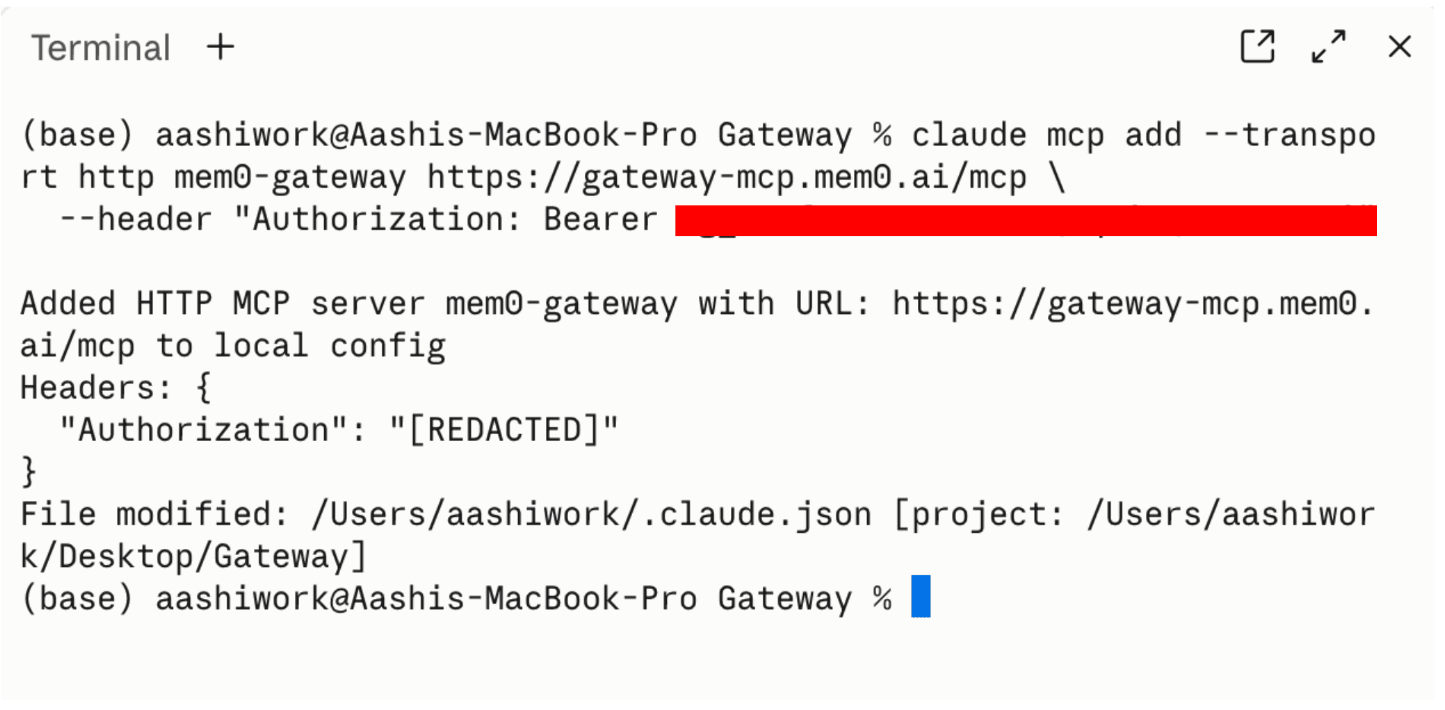 Terminal output confirming the MCP server was added