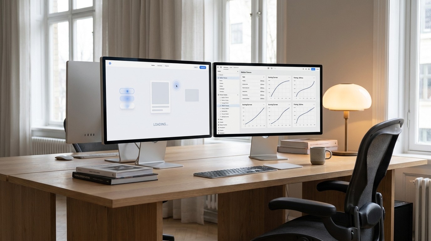 Designer Arbeitsplatz mit Website Microinteractions auf dem einen Bildschirm und passenden Motion Tokens im Designsystem auf dem anderen