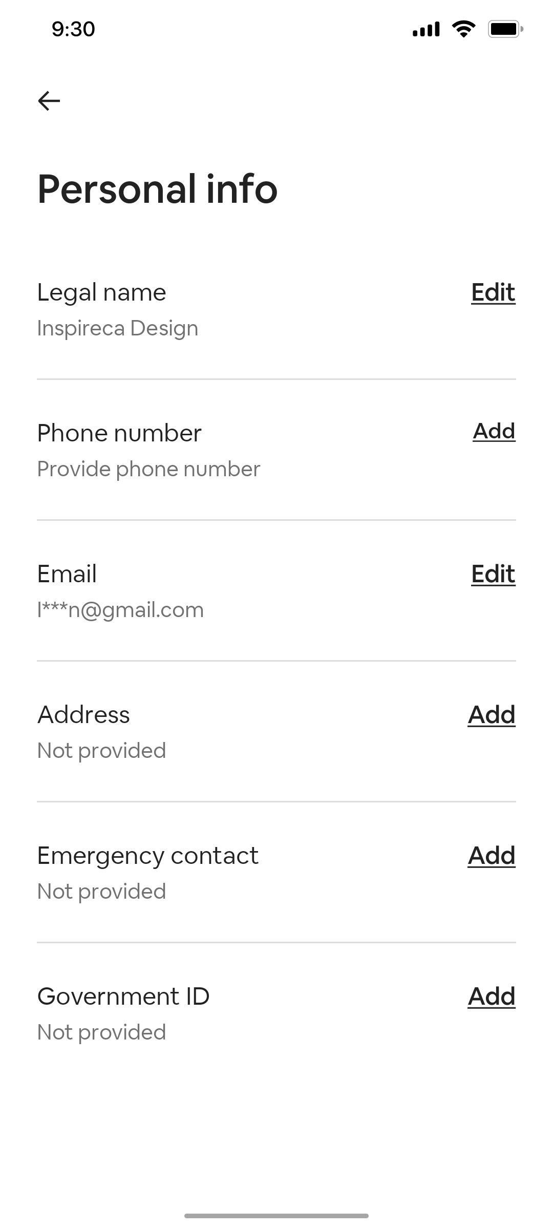 Airbnb Personal info screen