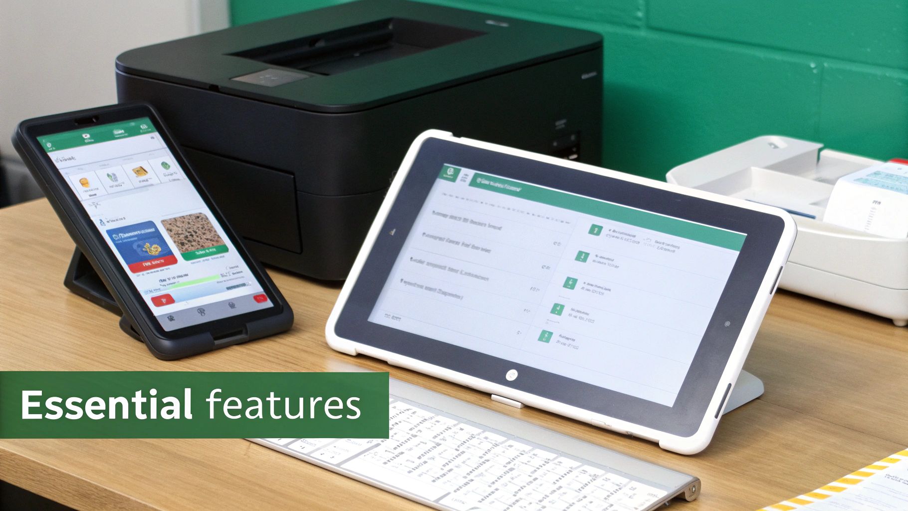 A wooden desk with a smartphone, tablet, and printer, displaying essential software features.