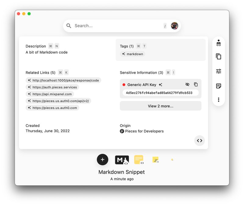 Sensitive information in the Information View of the Pieces Desktop App.