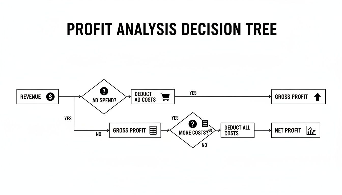 A flowchart illustrating a profit analysis decision tree, detailing steps from revenue to net profit.