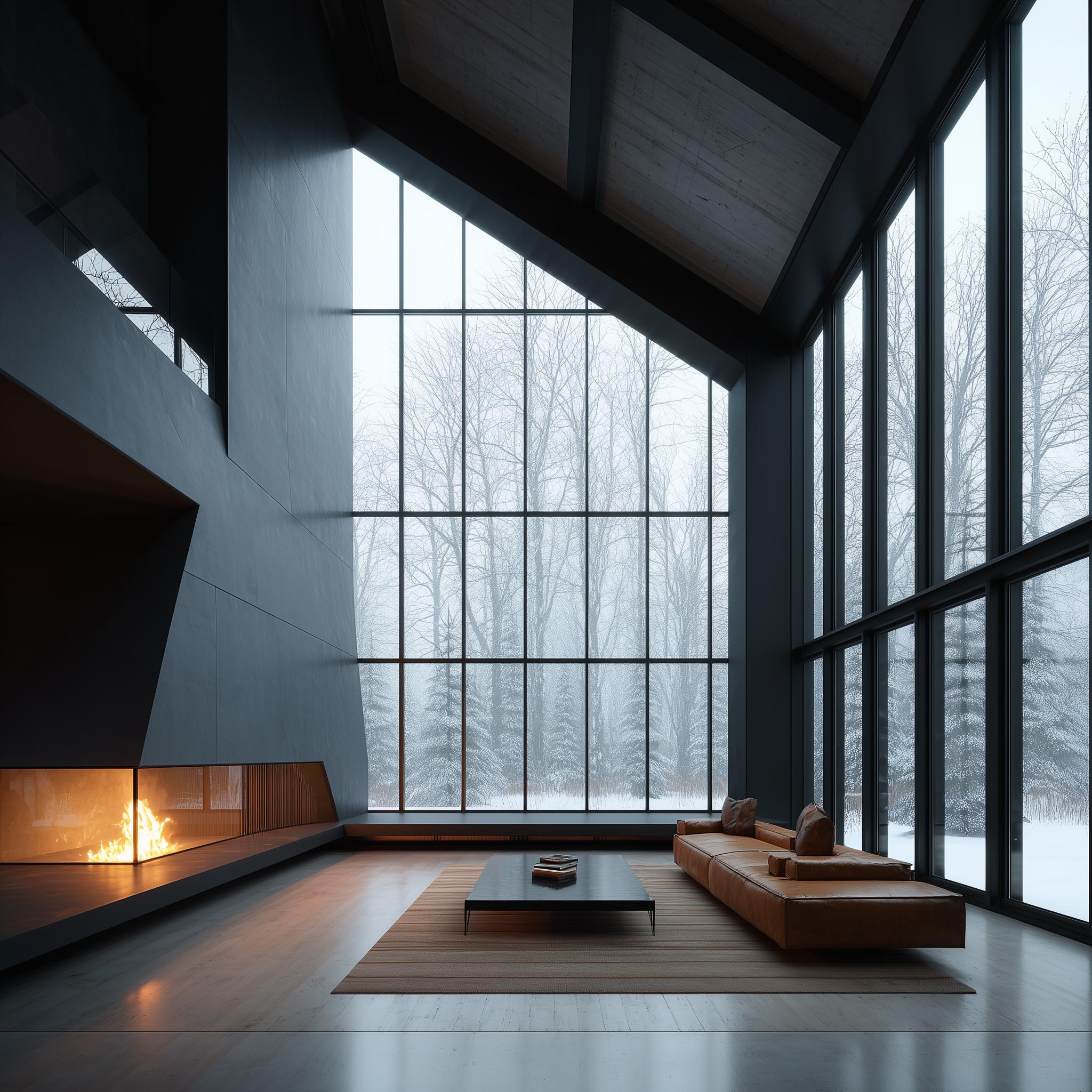 Interior scene with large windows, view of snowy harbor, simple Nordic furniture.