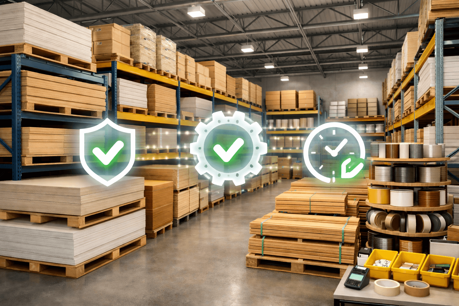 Estoque organizado de uma distribuidora de marcenaria com chapas de MDF e madeira armazenadas em pallets e prateleiras industriais, ambiente amplo e controlado com símbolos de eficiência, automação e controle de estoque representando gestão precisa e operação otimizada no setor B2B.