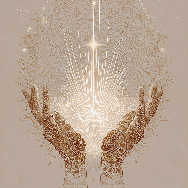Light and energy radiating from hands, conveying energy transmission