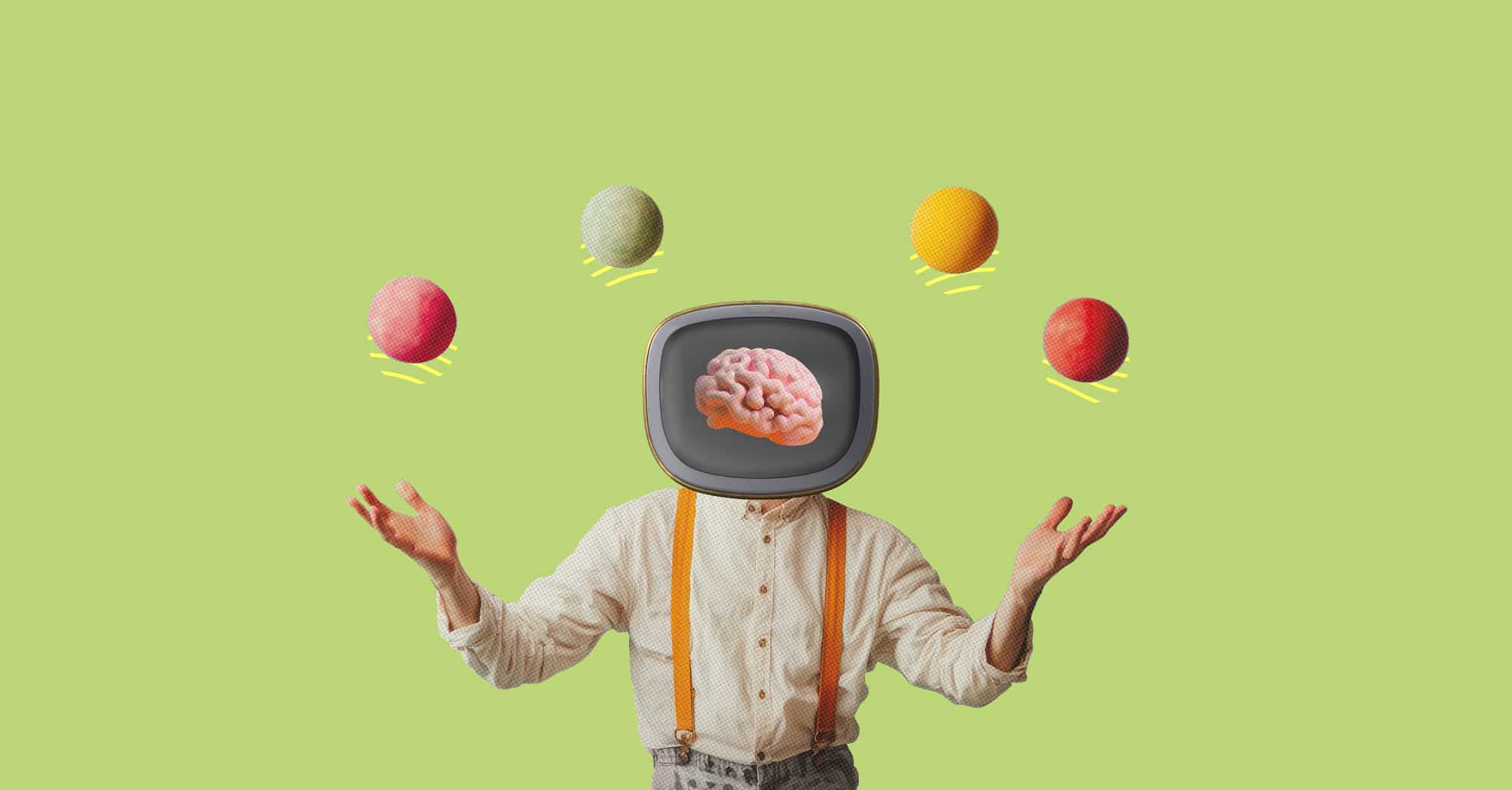 Persona con cabeza de televisión y cerebro, fondo verde, cinco bolas coloridas flotando.