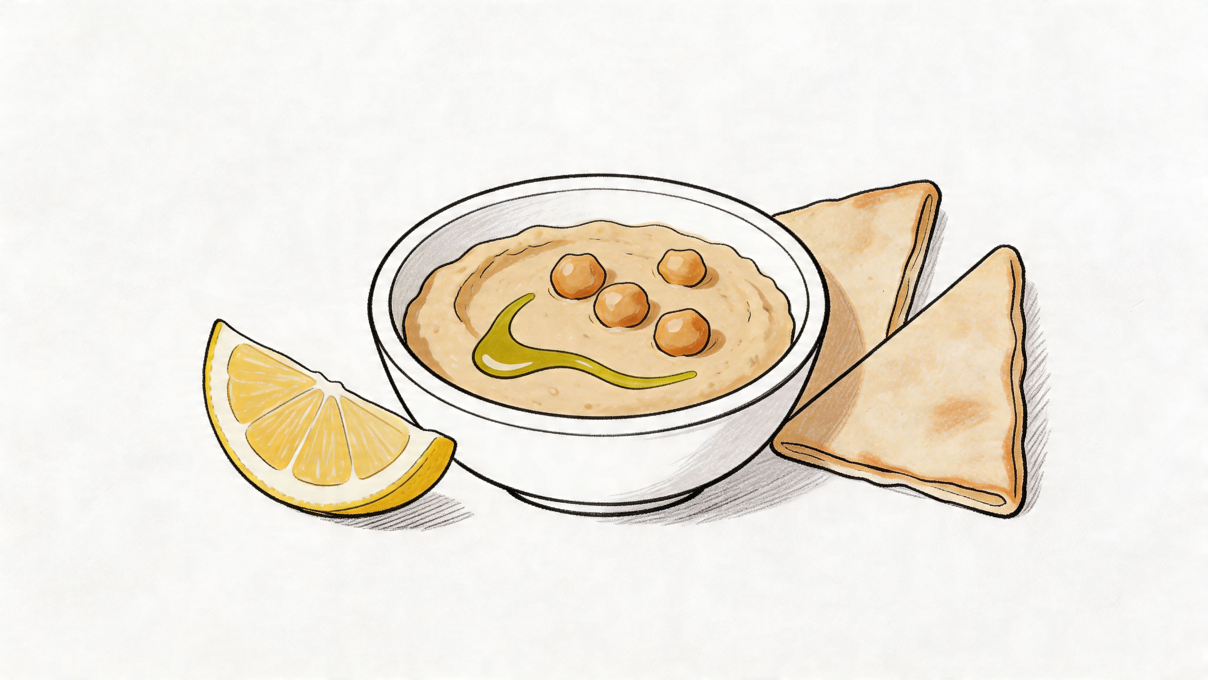 A hand-drawn illustration of a bowl of creamy hummus, a lemon wedge, and two pieces of pita bread.