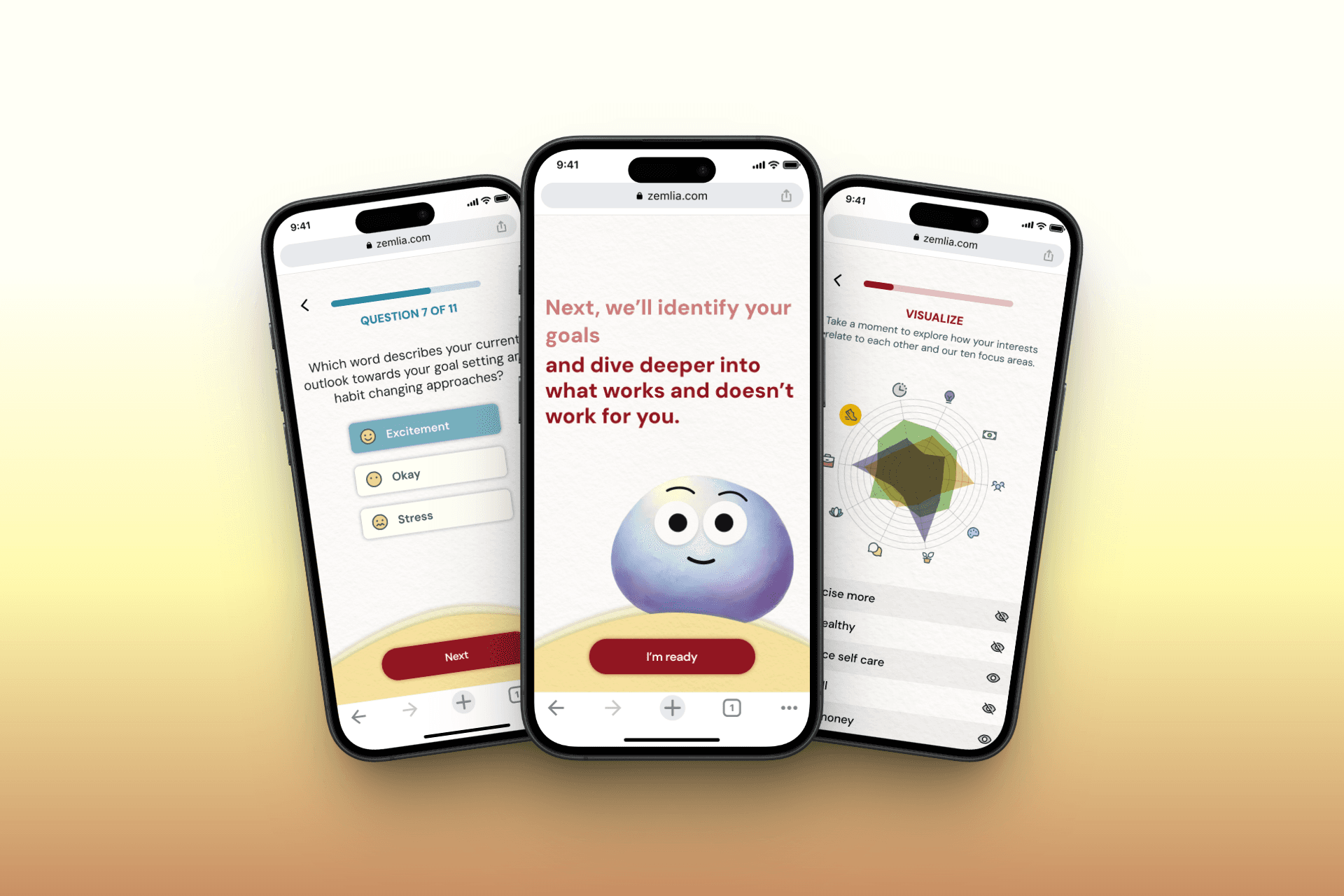 Three smartphones display a wellness app. Screens show goal setting, emotional check-ins, and a data visualization, with a friendly, guiding tone.