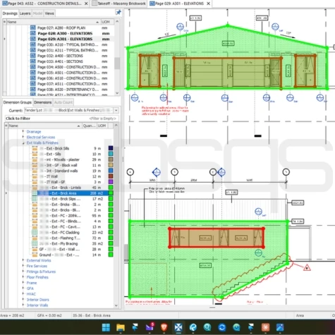 screenshot of masonry brickwork takeoff using CostX estimating software by SubsQS Ltd