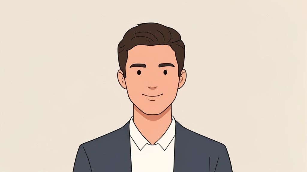 Illustration eines freundlich lächelnden Mannes mit dunklen Haaren, der einen Anzug und ein weißes Hemd trägt.