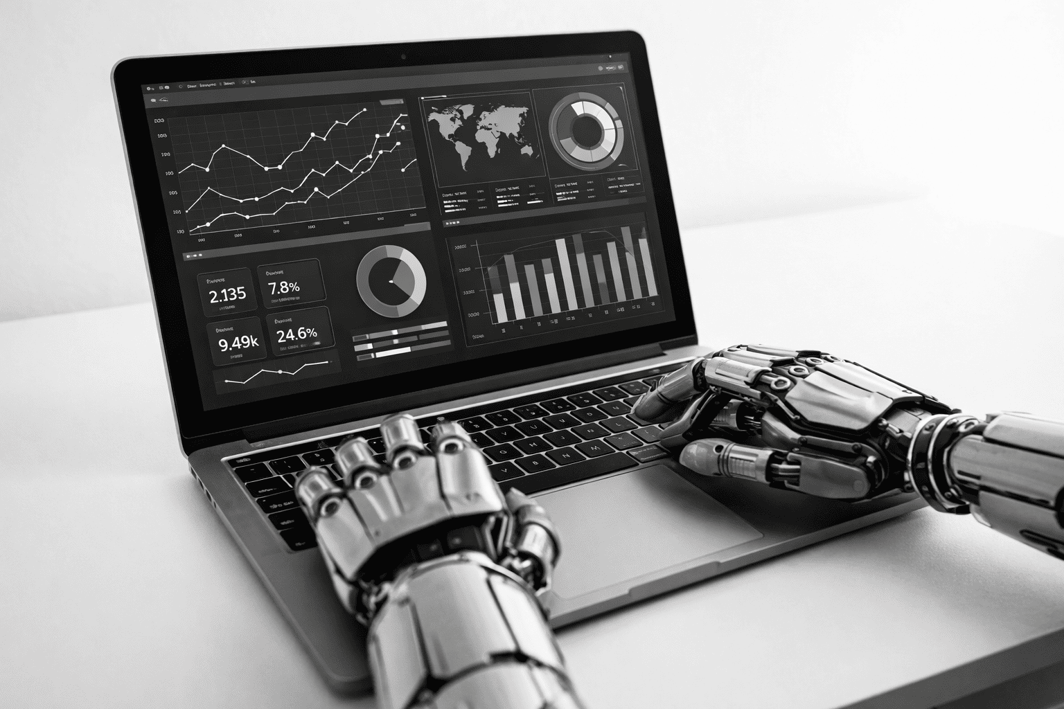 Mão robótica analisando métricas de GEO, AEO, SEO para IA e Agentic Commerce.