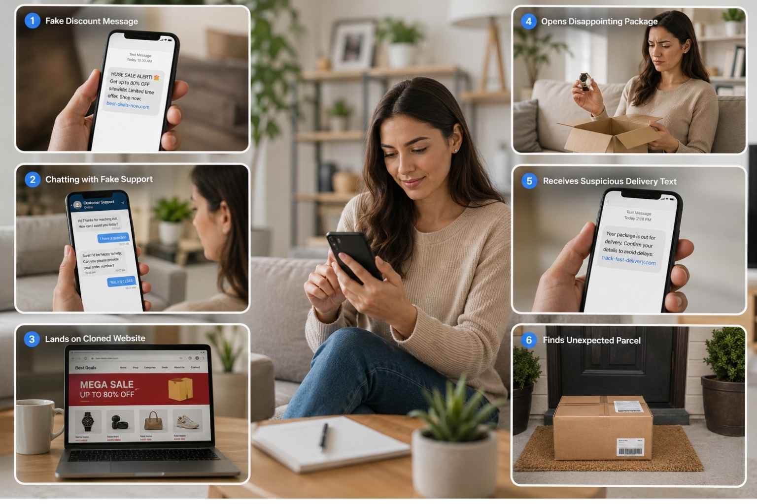 Online shopping scam process showing fake discount messages, cloned websites, phishing support chats, and fraudulent deliveries