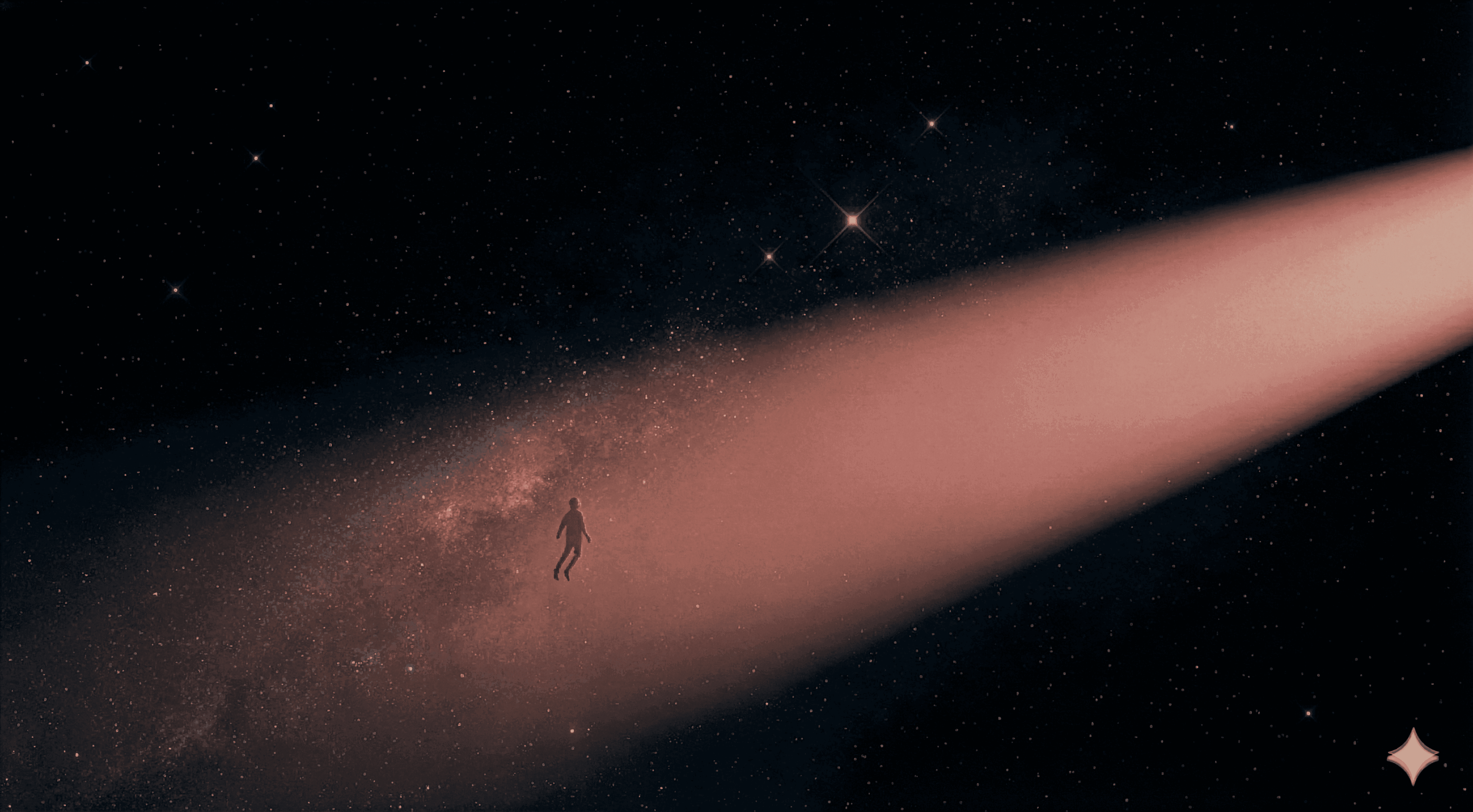 Illustration d'un egalaxie avec un personnage qui flotte au milieu il semble aspiré par la lumière.