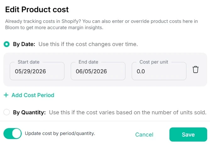 Shopify Cost per item field for entering cost of goods sold