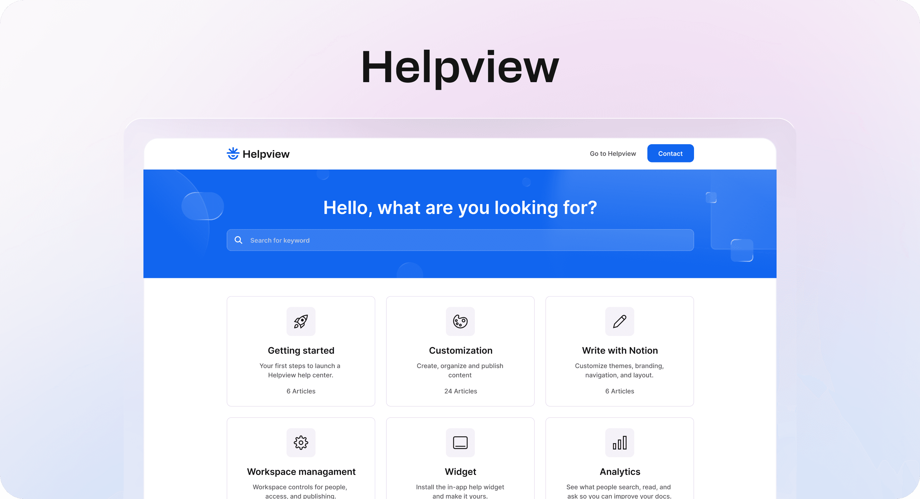 Helpview help center view with search, categories, article cards, and a polished customer support layout.