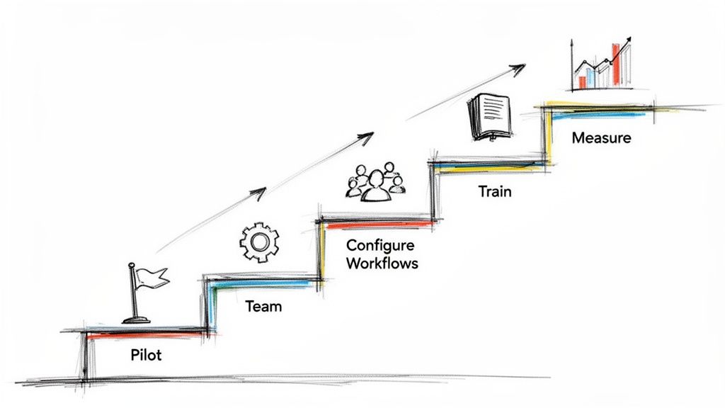 An illustrative staircase diagram outlining a five-step process: Pilot, Team, Configure Workflows, Train, and Measure.