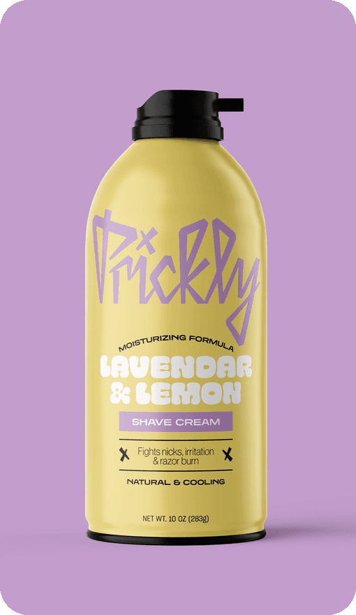 Prickly Lavender and Lemon shave cream can, mustard yellow with a purple wordmark