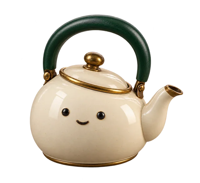A cream kettle with a tiny smiling face, green curved handle, brass lid knob and brass spout rim.