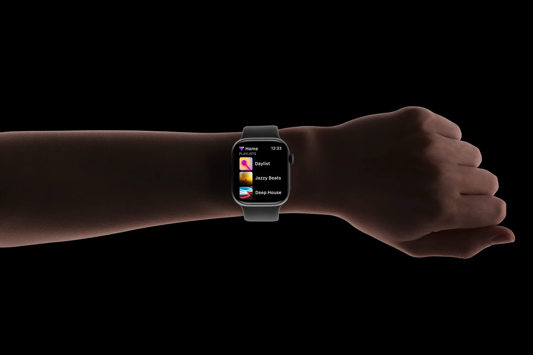 Apple Watch Series 11 in-hand mockup with dark mode app screen, realistic lighting, and premium smartwatch presentation.