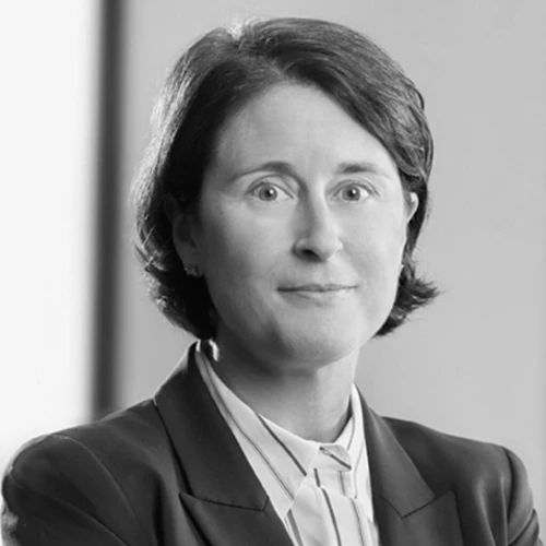 LizAnn Eisen in suit, black and white photo