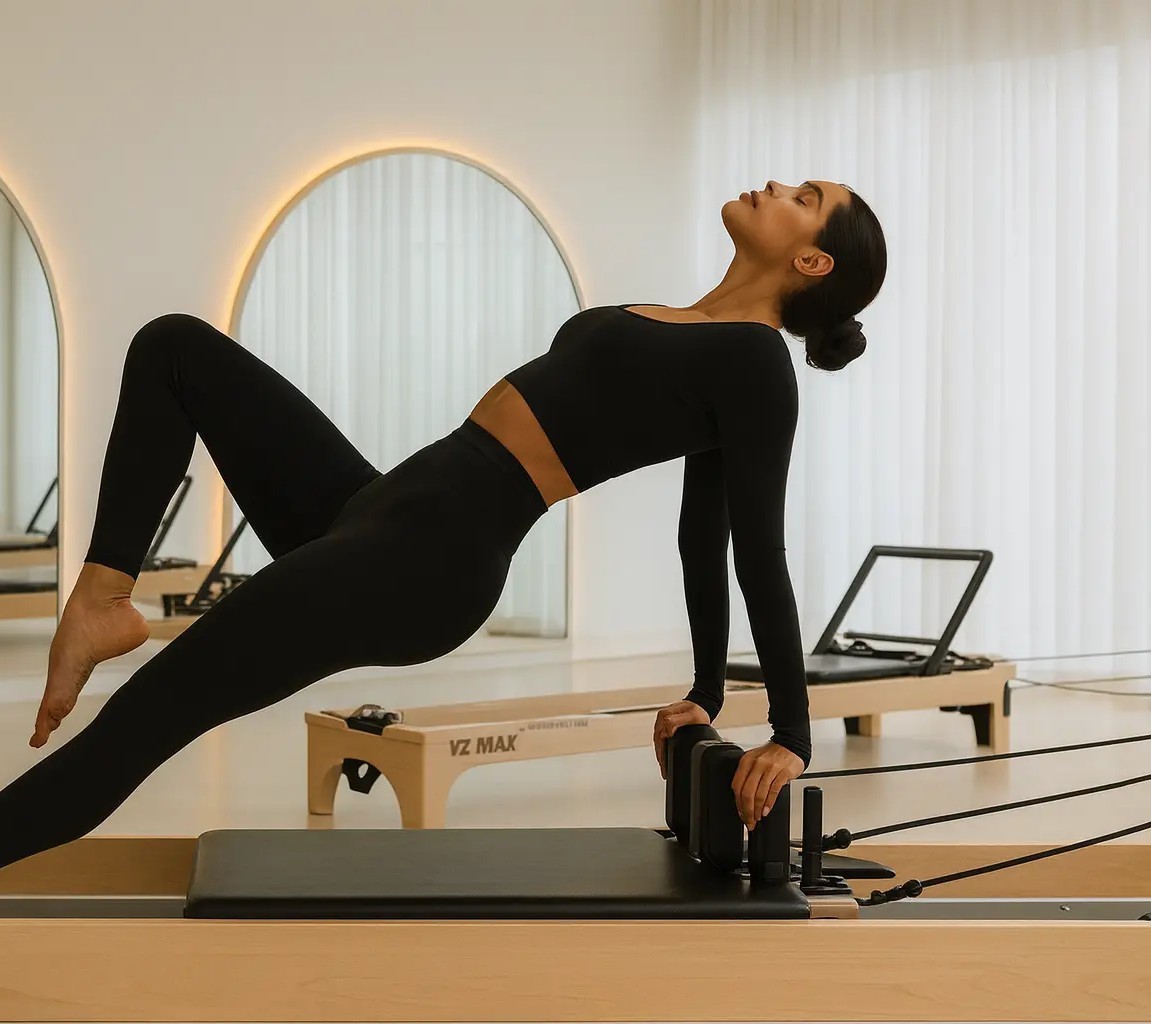 Woman practicing reformer Pilates using the reformer machine for strength and alignment.
