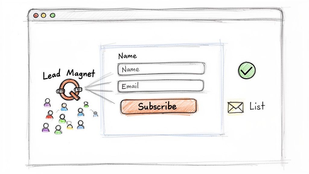 A sketch of a webpage illustrates a lead magnet attracting users to a name and email subscription form, building an email list.