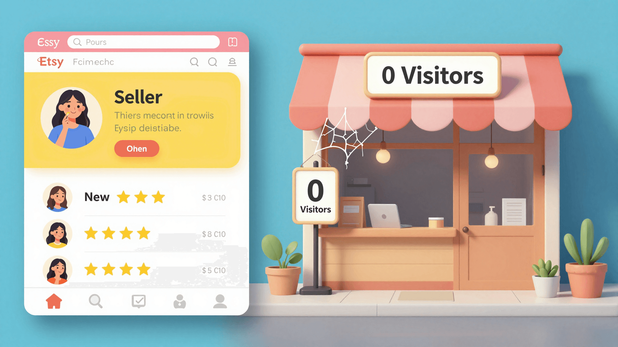Split image showing Etsy marketplace on one side with sales notifications and Shopify on the other with zero traffic