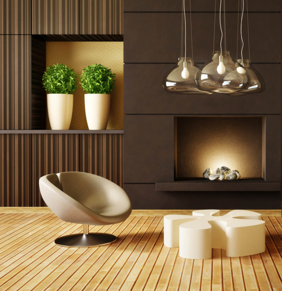 Modern living room with a cozy chair, plants, a fireplace, and stylish pendant lighting. Warm wooden floor.