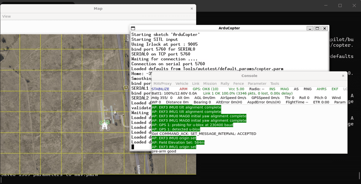 Software-in-the-loop simulation showing ArduCopter simulator connected to a map interface with console output displaying sensor data, GPS information, and vehicle telemetry.