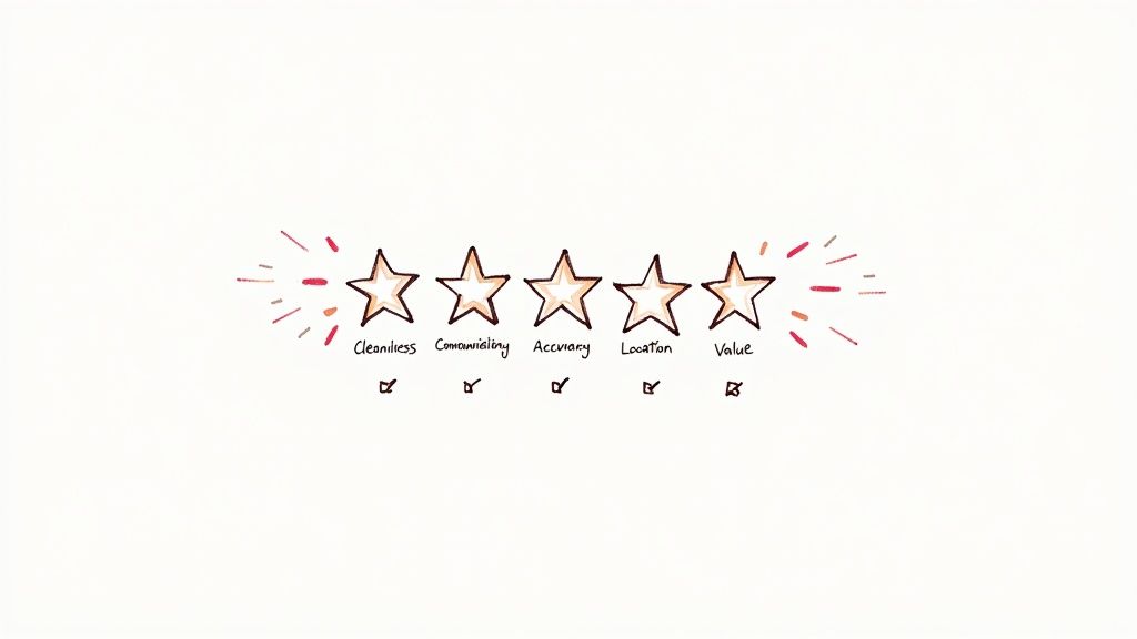 Hand-drawn five-star review system with categories for Cleanliness, Comfort, Accuracy, Location, and Value.