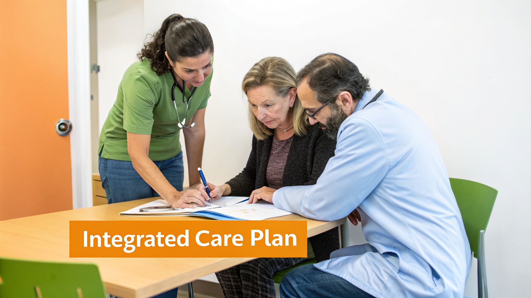 Healthcare professionals and a patient collaboratively reviewing and signing an integrated care plan document at a table.