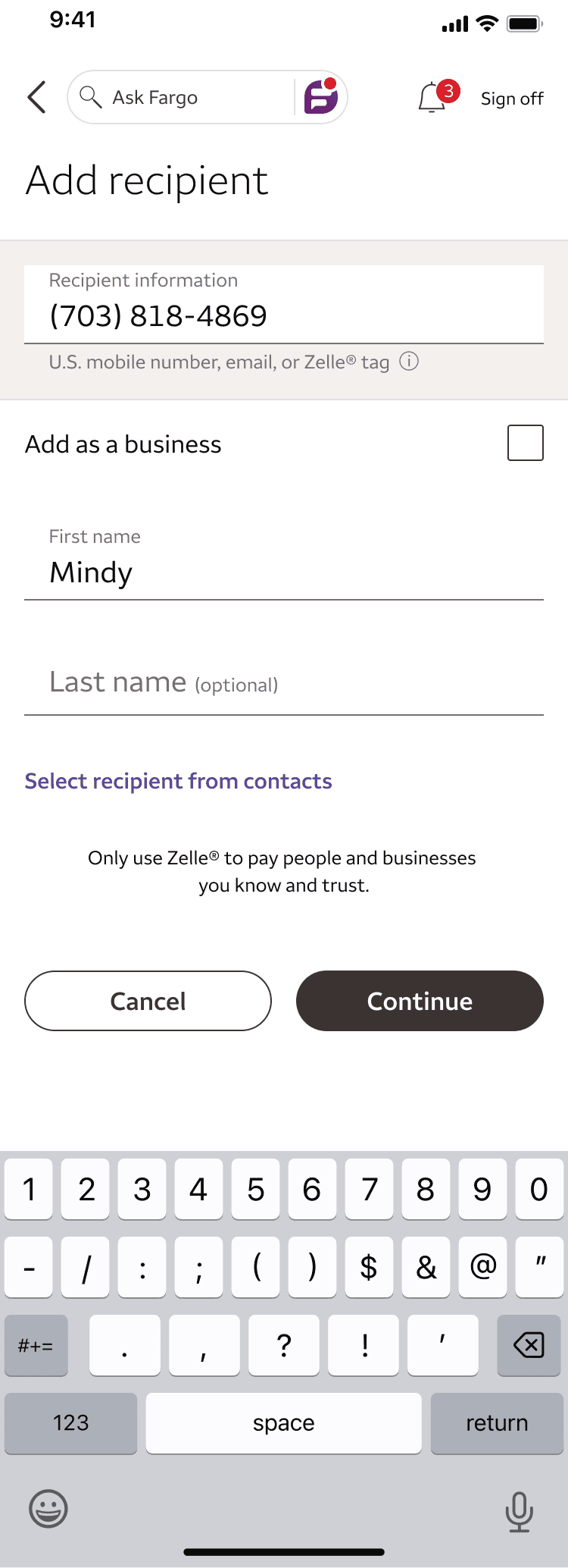 Before — name and token entered, continue activated
