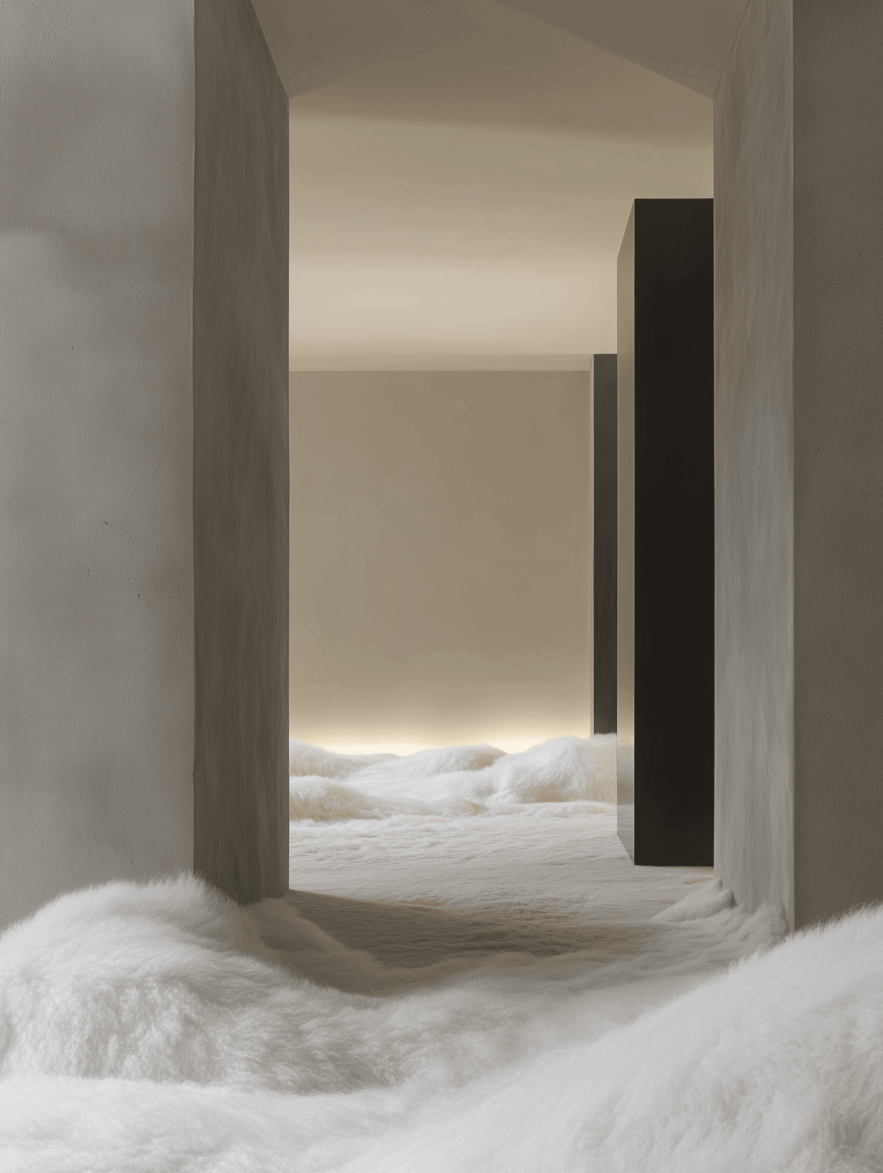 A surreal minimalist interior with soft lighting, fluffy white flooring, and contrasting dark columns for a dreamlike architectural vibe.