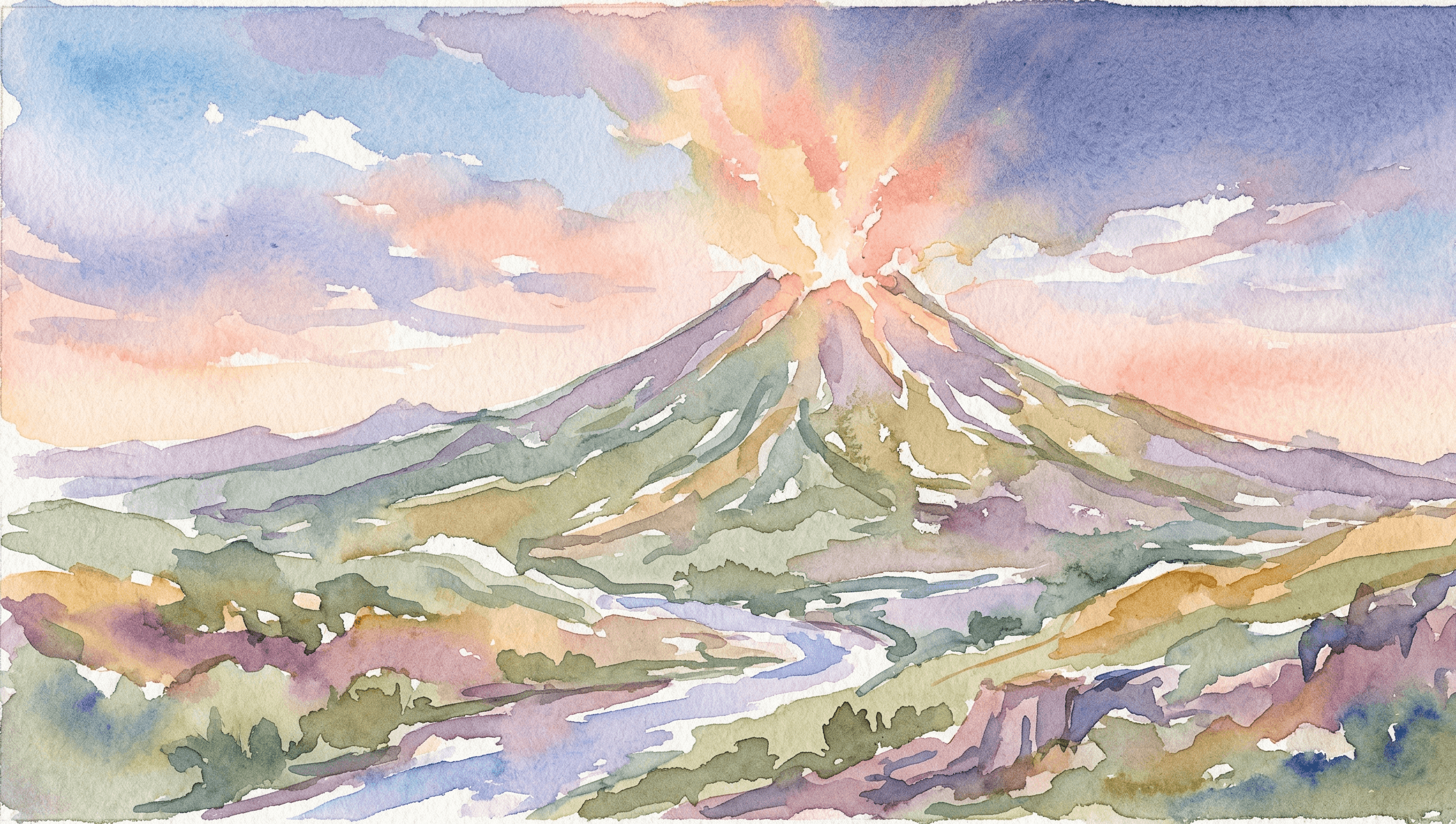 Watercolor volcano with warm golden light rising from the summit at dusk