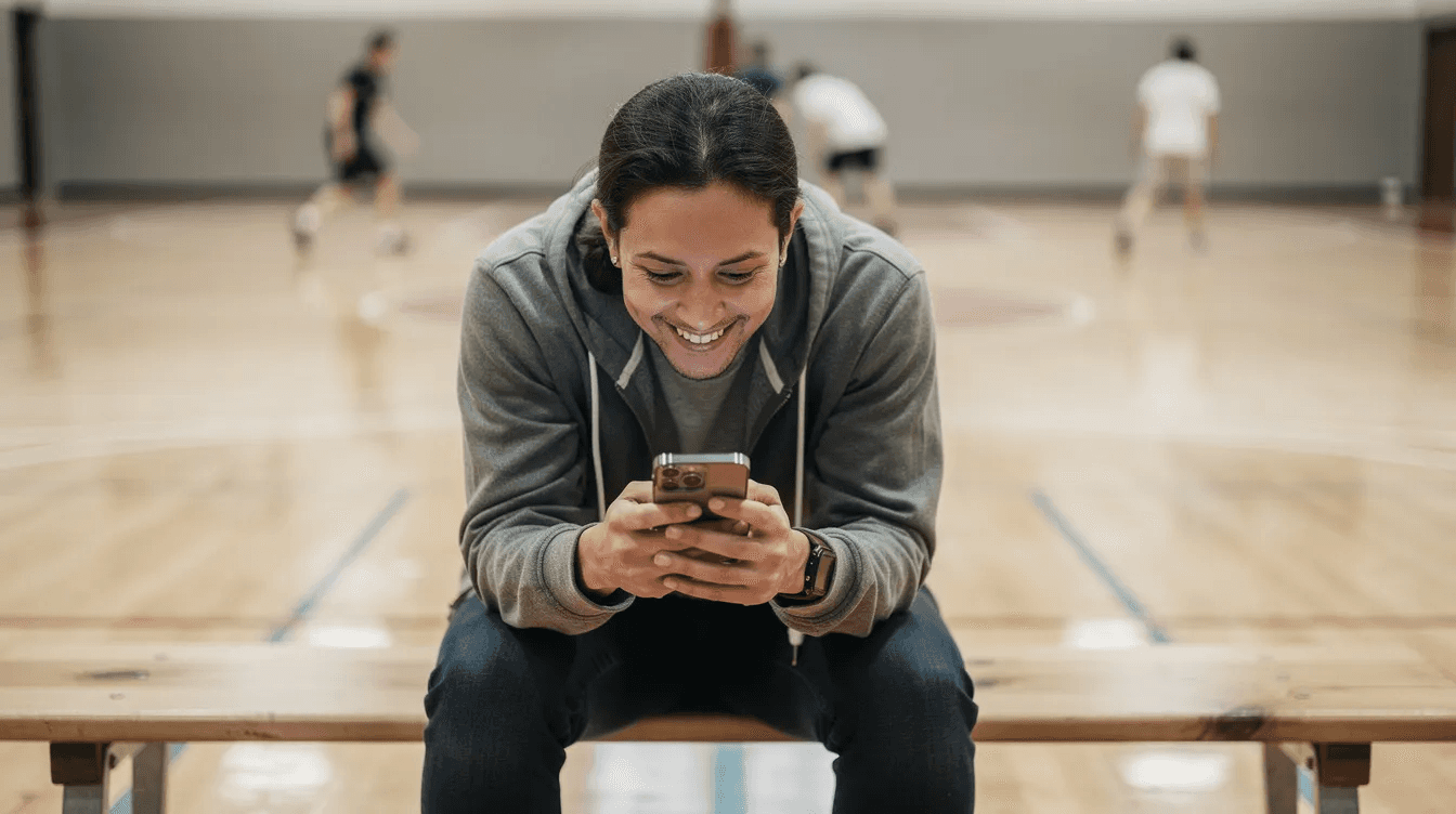 A parent sits on a bench in a sports facility, smiling as they look at their smartphone, likely using gymnastics management software to stay updated on their child's activities and classes. This scene highlights the convenience of online registration and class management for busy gymnastics club owners and parents alike.