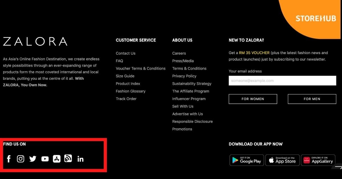 Links to an online business' social media channels