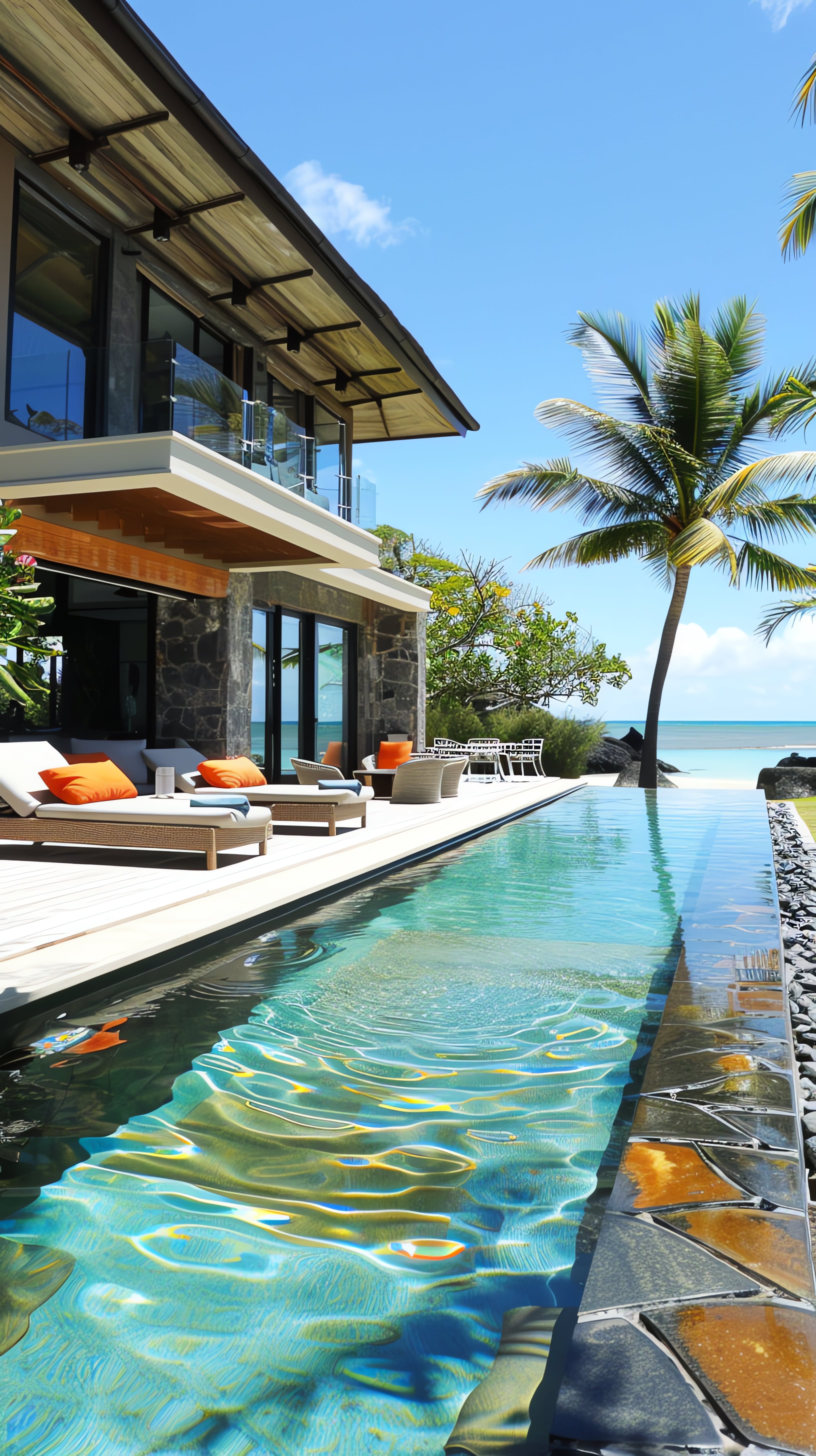 A luxurious villa with a private pool and outdoor seating, overlooking a tropical beach.