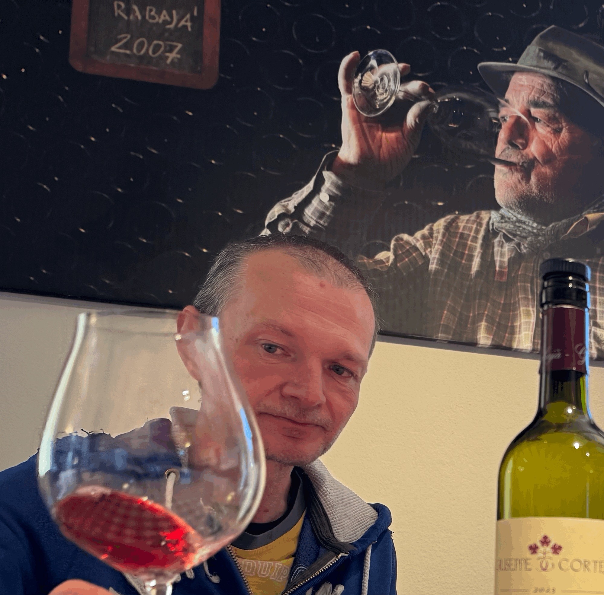 Glass and bottle of Giuseppe Cortese wine during our Rabajà Barbaresco tasting.