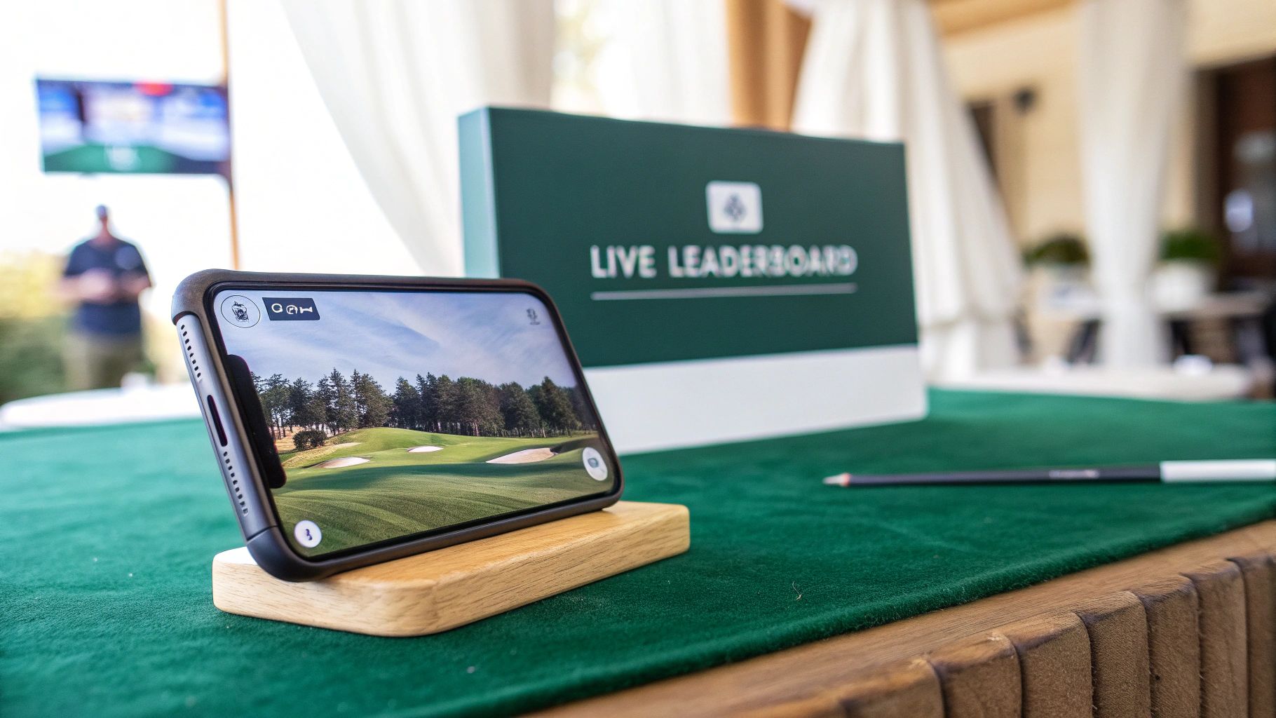 A smartphone displays a virtual golf course view next to a 'Live Leaderboard' sign on a green table.