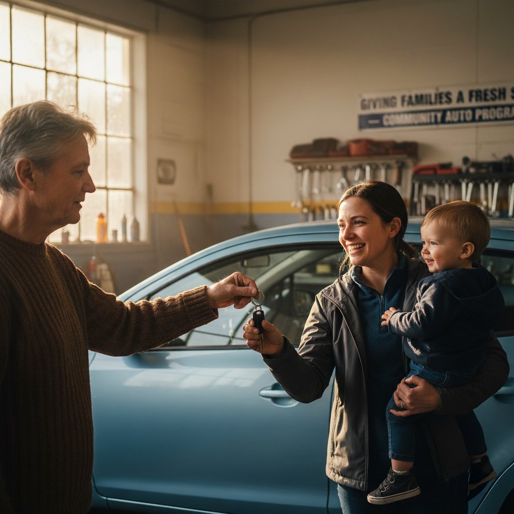 Un homme remet les clés de voiture à une femme souriante tenant un enfant dans un garage.