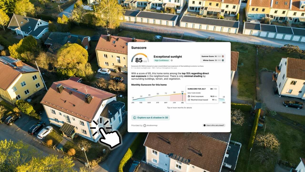 Sunscore metric on Redfin real estate listing pages shows sunlight of a home in a single metric