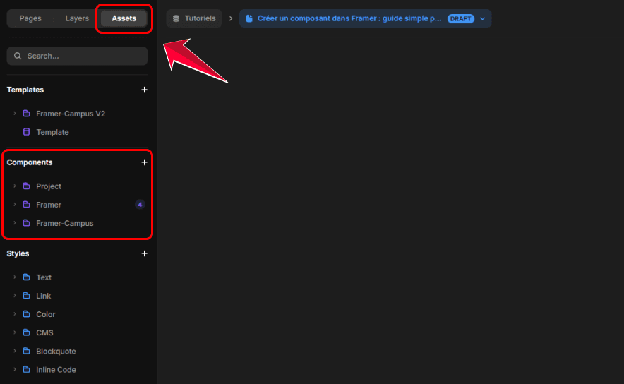 panneau assets framer affichant la bibliothèque de composants disponibles