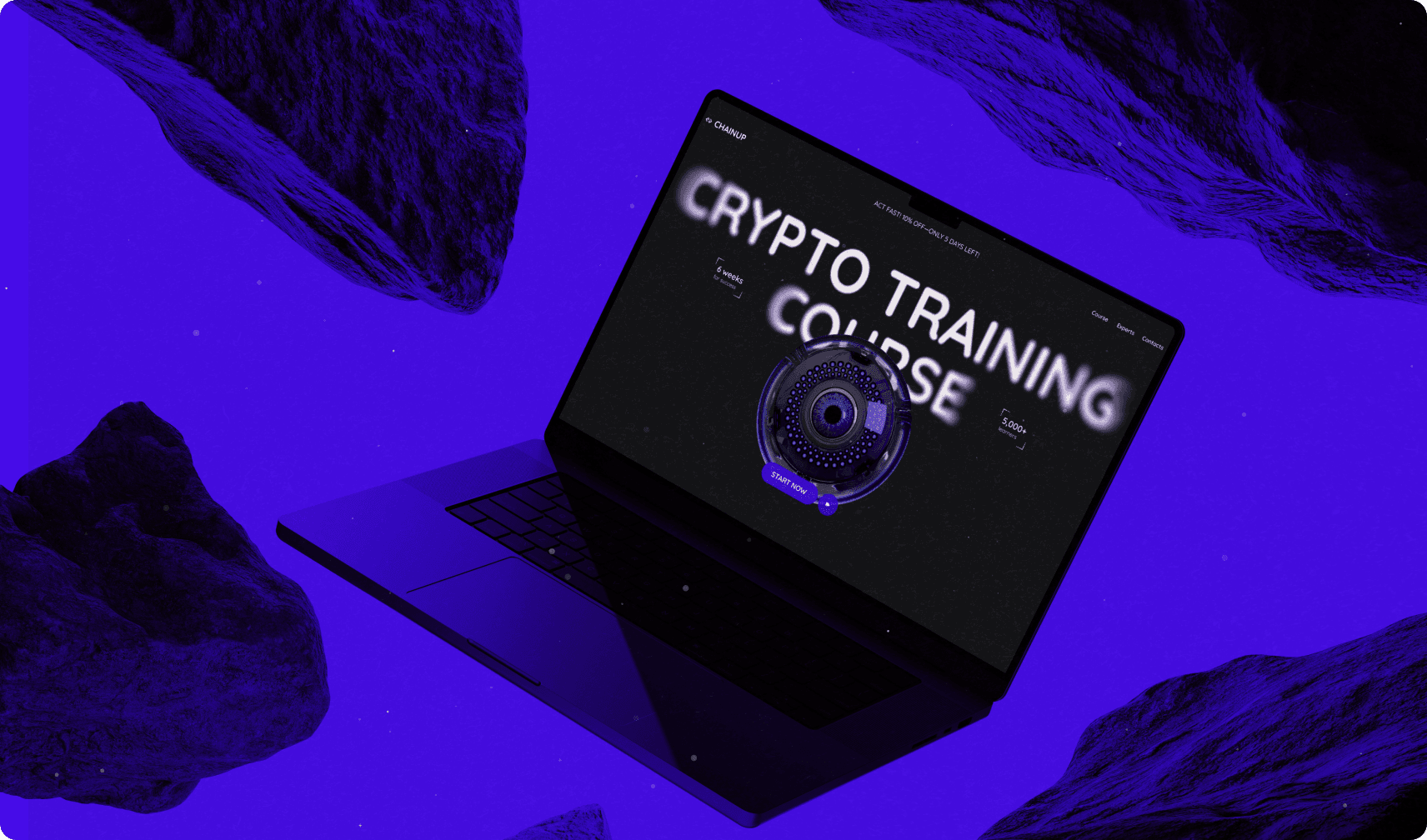 dariapav_design Attentive landing page hero for a crypto training course, featuring a sleek 3D-rendered animation, vibrant blue accents that inspire trust, and bold typography designed to engage visitors and drive enrollments