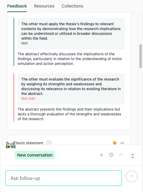 thesify feedback rubric showing "Not met" for evaluating the significance of the research and "Met" for applying findings to relevant contexts.