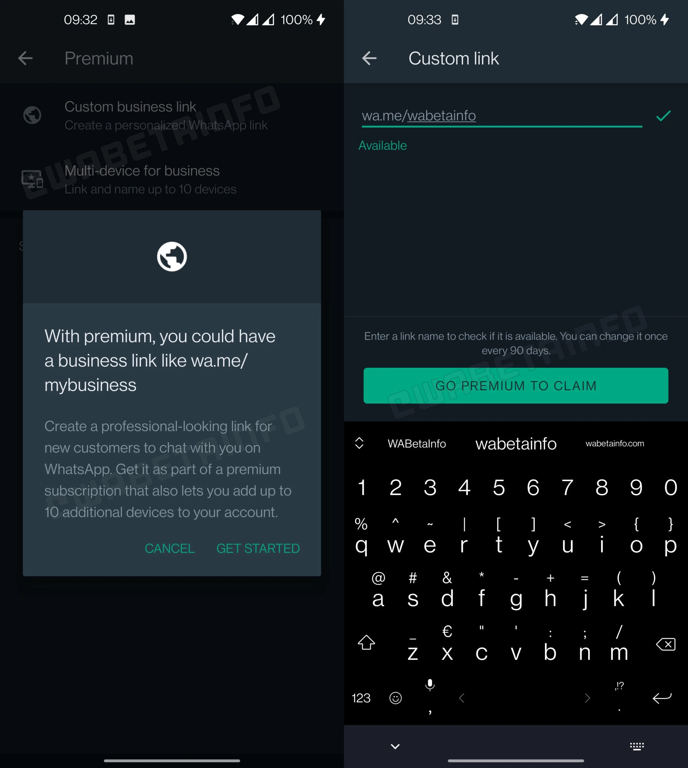 Interface retratando a funcionalidade de link e página personalizada do WhatsApp Business Premium