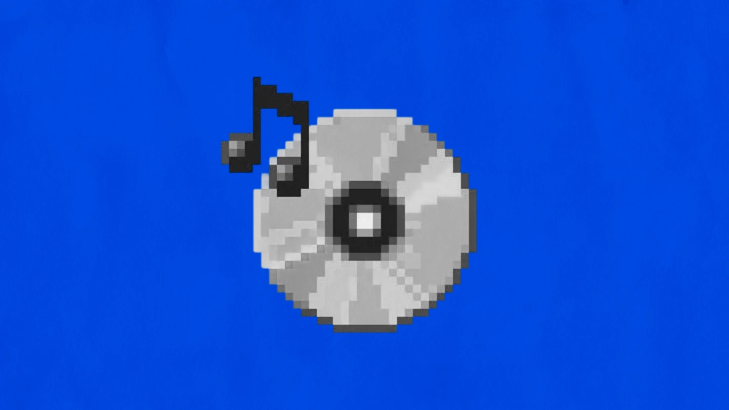 Pixel art illustration of a compact disc and musical notes on a blue background