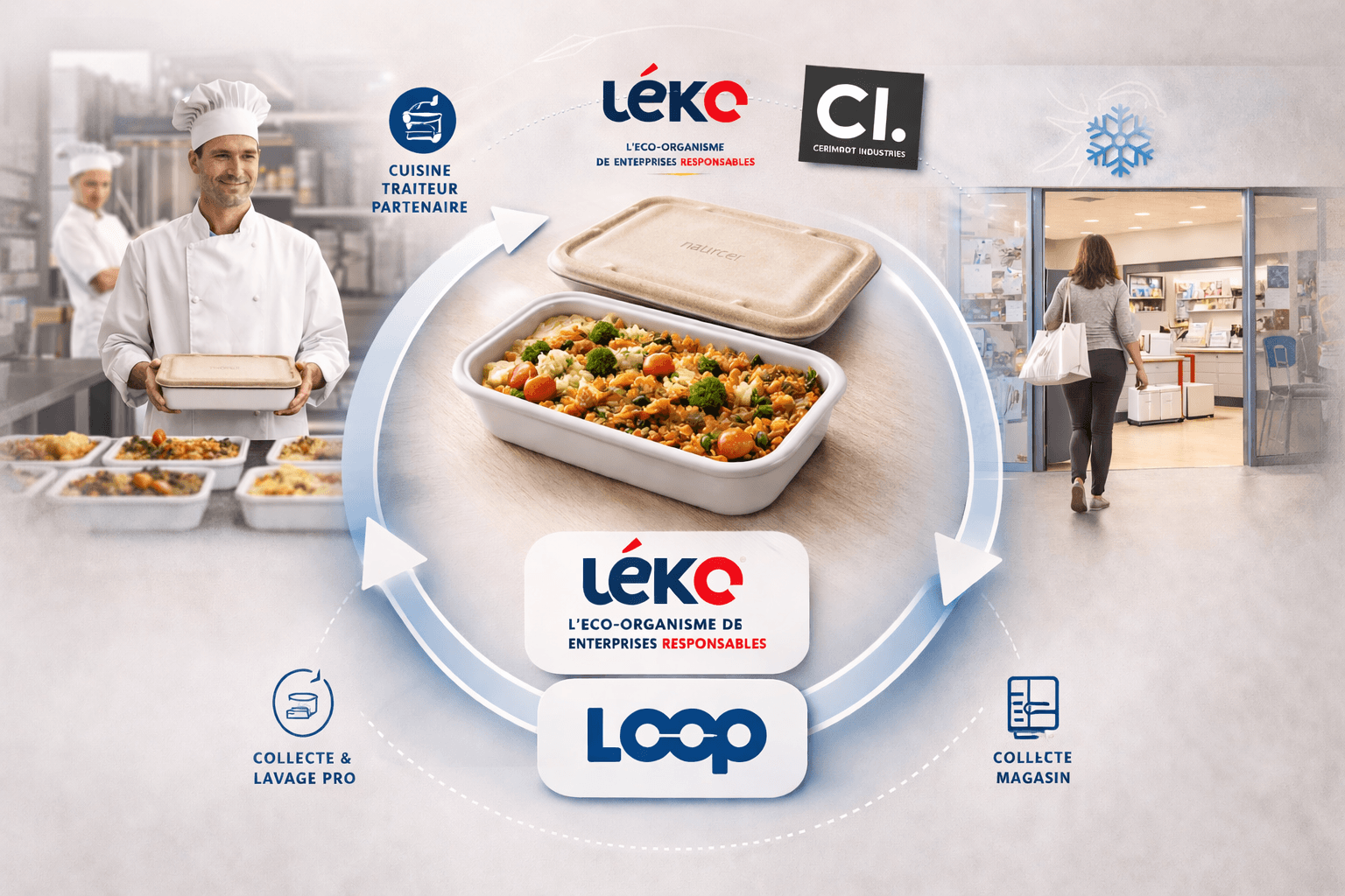 Infographie du circuit de réemploi des barquettes alimentaires Naturcer entre cuisines traiteurs partenaires, collecte en magasin et lavage professionnel, avec les logos Leko, Loop et Cerimport Industries