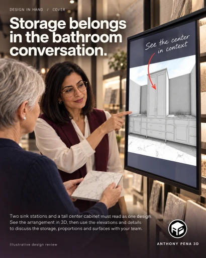 Illustrated showroom discussion beside a vertical display of a double vanity and tall center cabinet.