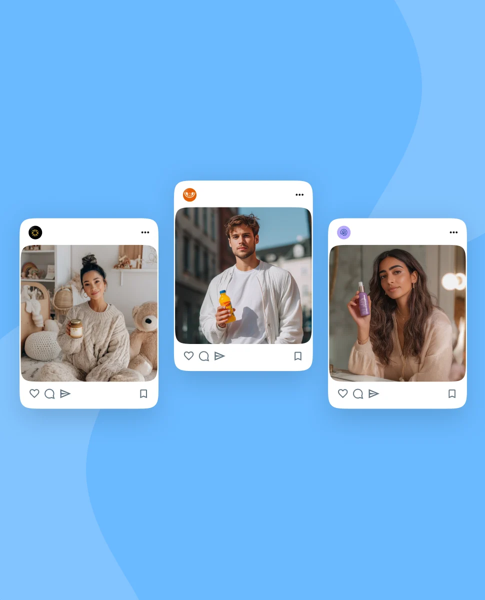 Three social-media-style product posts created with TwinTone AI.