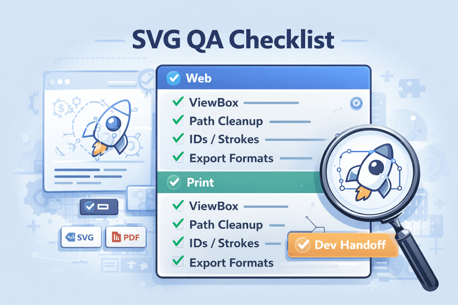 Quality assurance checklist UI for SVG files with sections for web, print, and developer handoff checks